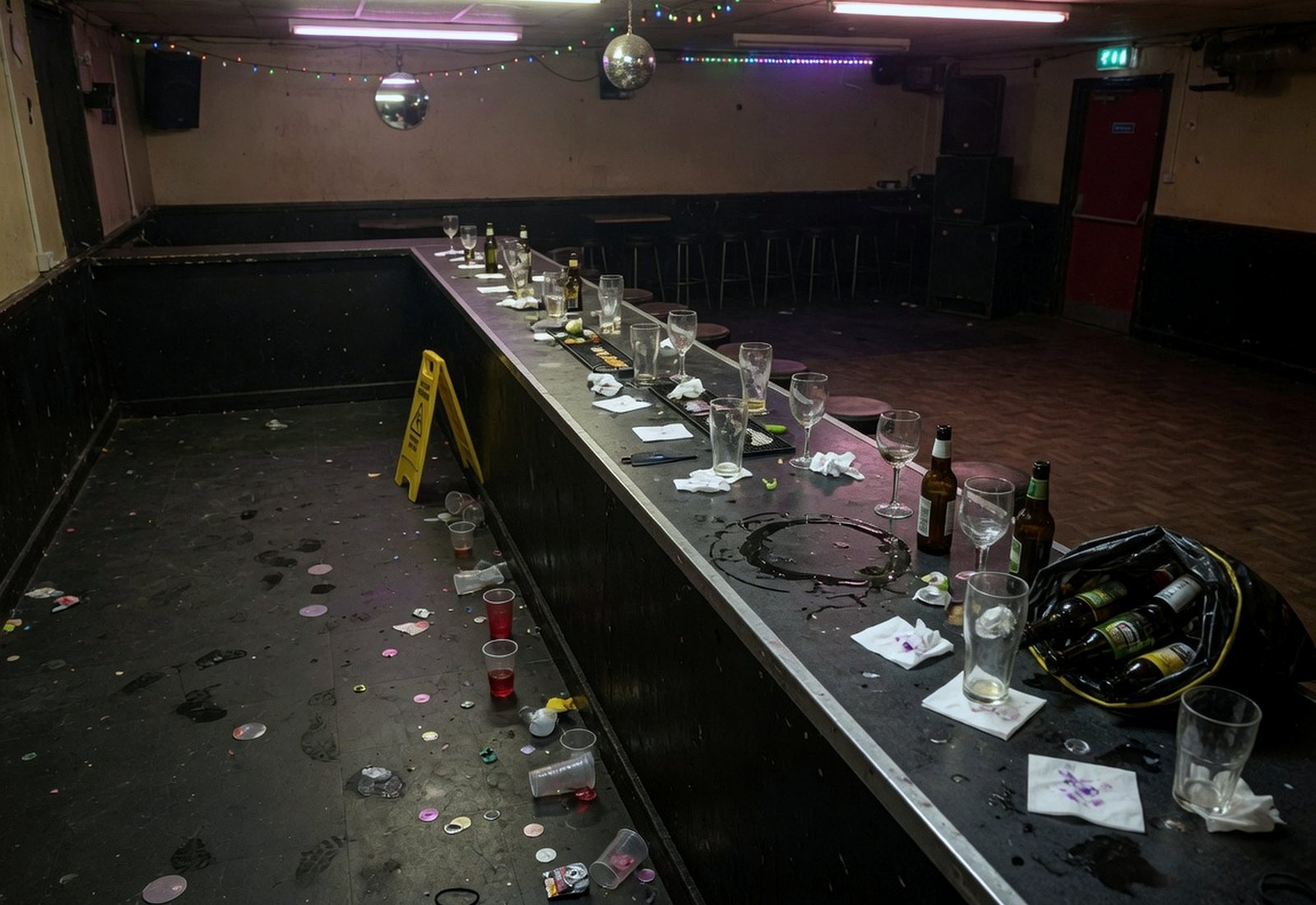 Empty nightclub bar after closing, with leftover glasses, bottles, plastic cups and confetti on the floor